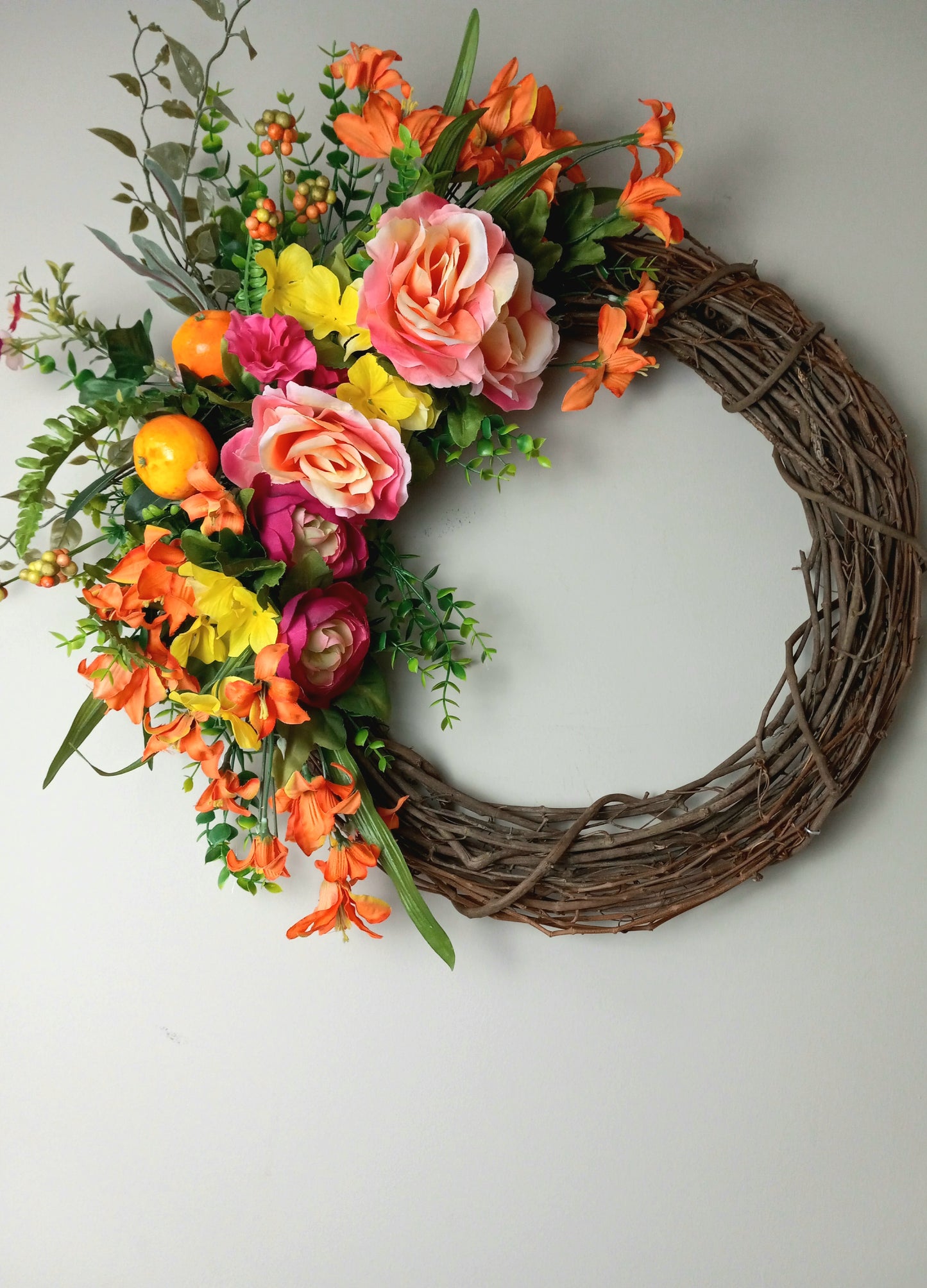 Orange Rose Blossom Grapevine Wreath