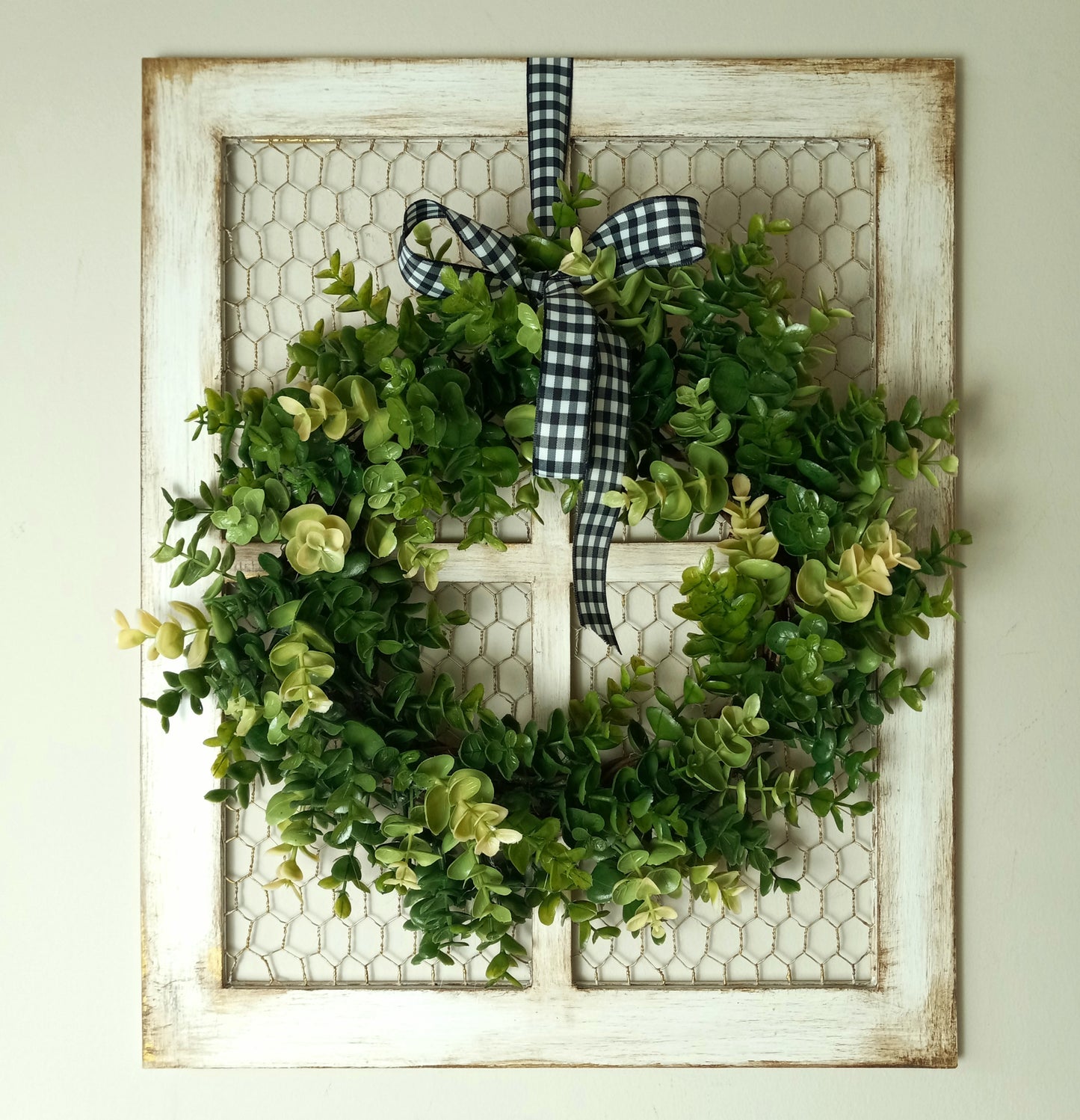 Distressed Farmhouse Window Frame with Eucalyptus Wreath