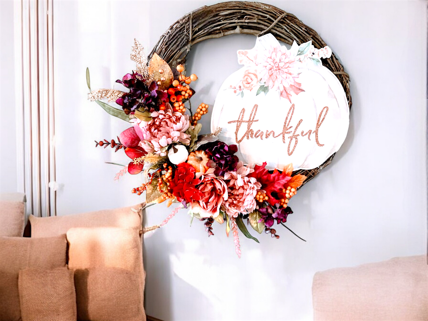 Autumn shabby Chic with “Thankful” Pumpkin Sign