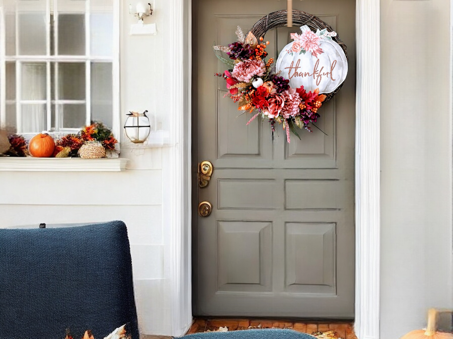 Autumn shabby Chic with “Thankful” Pumpkin Sign