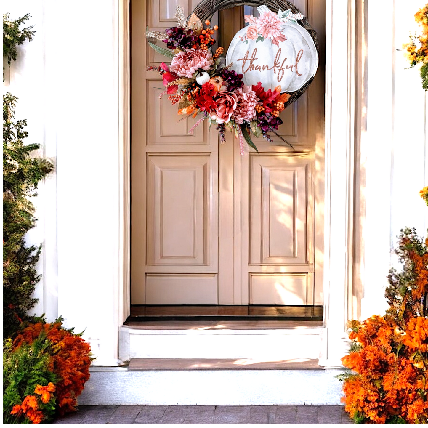 Autumn shabby Chic with “Thankful” Pumpkin Sign