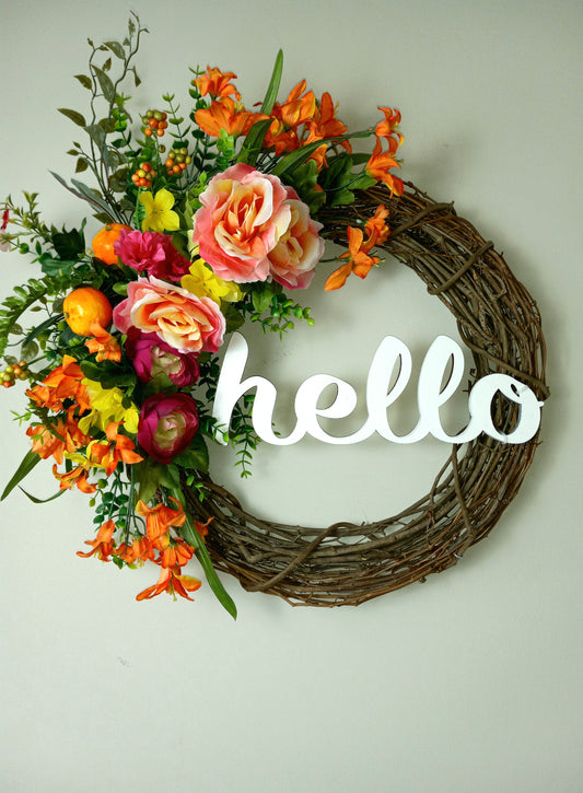 Orange Rose Blossom Grapevine Wreath with (Hello sign)