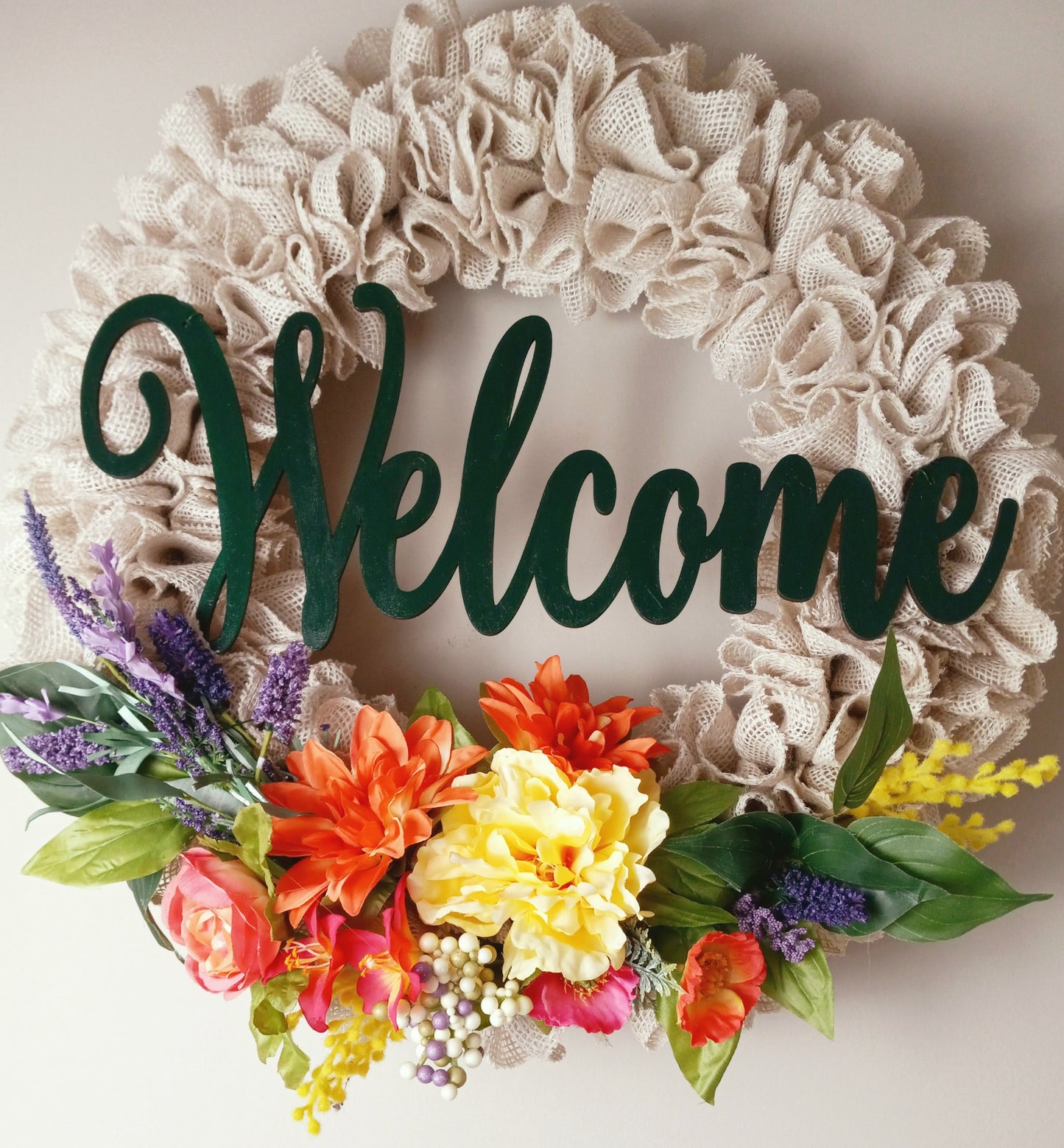 White Burlap Wreath with Welcome sign