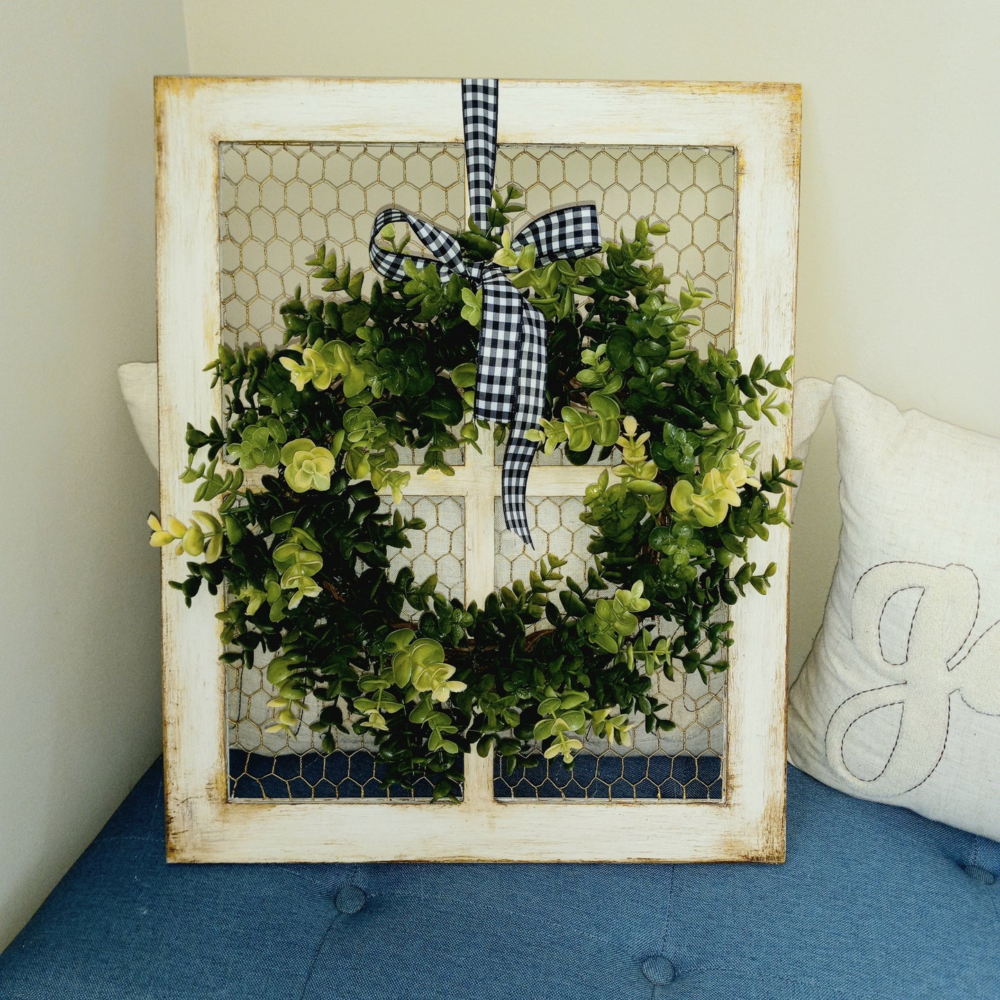 Distressed Farmhouse Window Frame with Eucalyptus Wreath