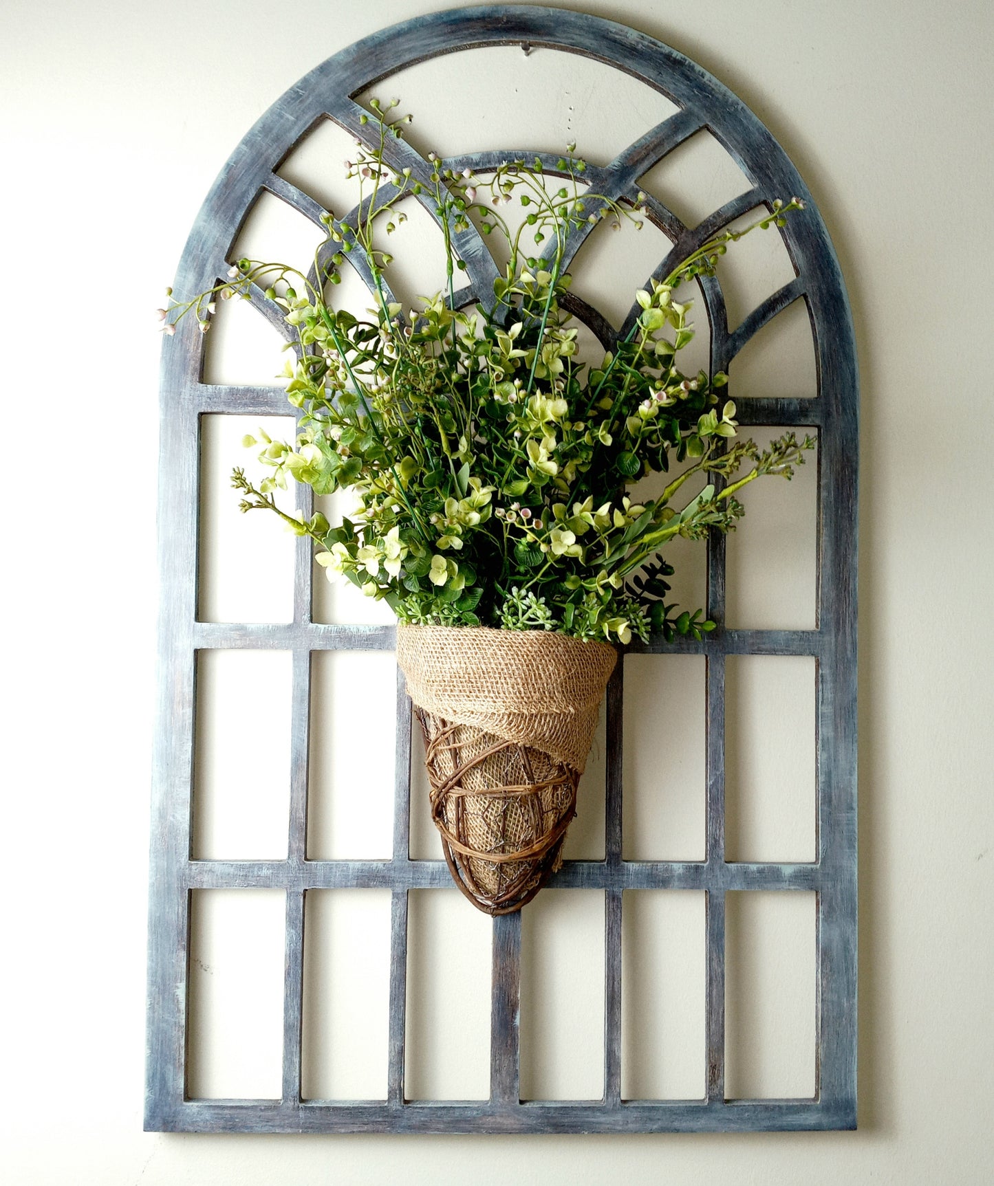 Whitewashed Gray Farmhouse Arched Window with Rustic Planter