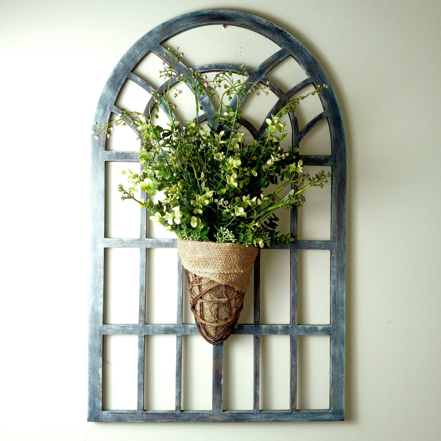 Whitewashed Gray Farmhouse Arched Window with Rustic Planter