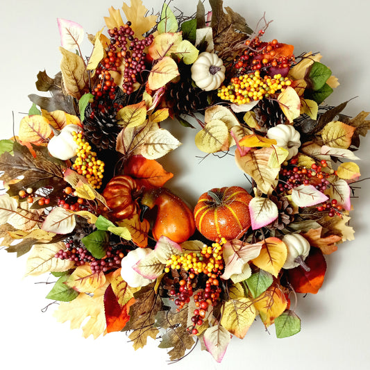 Multicolored Leaf & Pumpkin Wreath